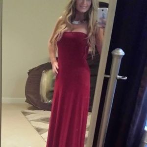 Local retired designer deep red strapless dress